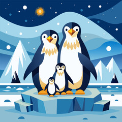 A charming illustration depicting a penguin family standing on an iceberg in the snowy landscape of the Arctic. The penguins are drawn in a cartoon style with big, round eyes.