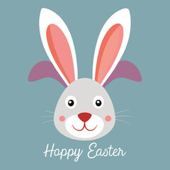 A cute and cheerful illustration of a bunny rabbit with pink ears and a happy smile, perfect for celebrating Easter. The simple design is ideal for cards, decorations.