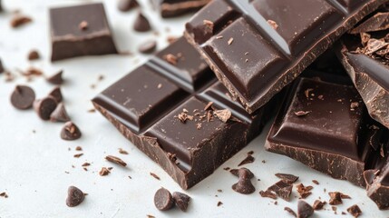 Delightful dark chocolate pieces scattered on a gray surface with chips and crumbs nearby