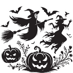 Halloween a witch ghost and hunter home silhouette set vector art illustration ,