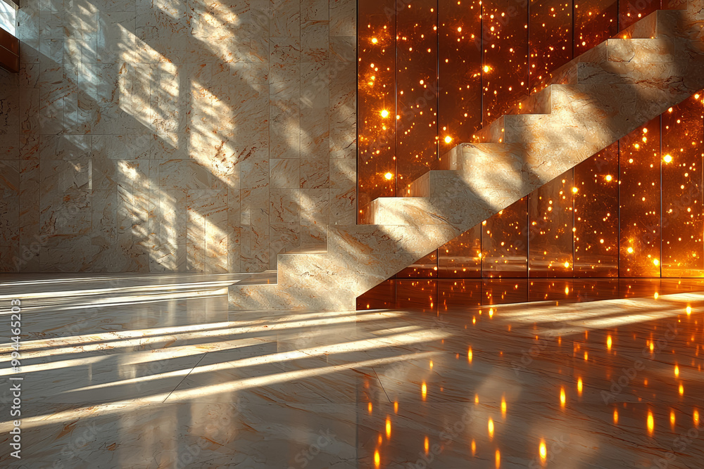 Poster a mirror reflecting sunlight onto a ceiling, creating a dazzling array of moving light patterns. con