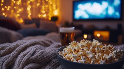 Cozy home watching TV with popcorn and beer