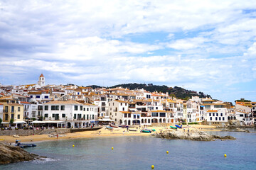 Calella de Palafrugell: view to the beaches and coast, beautiful white historic houses at the Mediterranean Sea, Costa Brava, Girona, Catalonia, Spain	