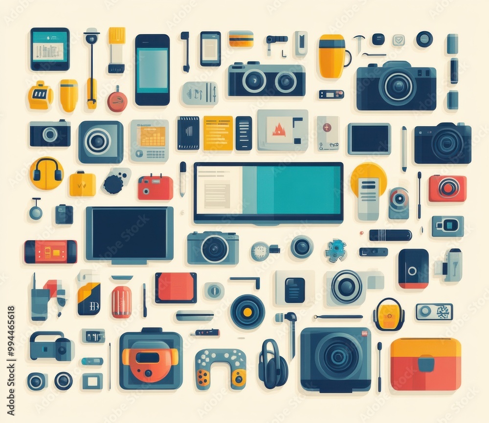 Poster flat illustration of various digital devices and gadgets in a seamless pattern with a modern design 