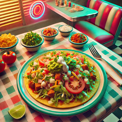 Open taco with green, red, yellow ingredients