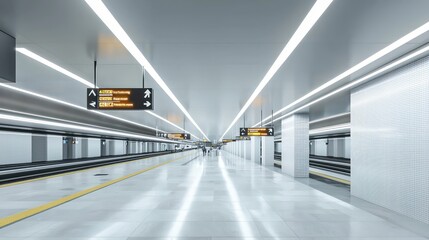 A minimalist subway station with clear signage, bright lighting, and an uncluttered layout to facilitate easy navigation The design is focused on efficiency and the smooth flow of passengers