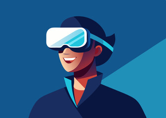 Smiling person in VR glasses explore technology