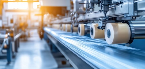Fototapeta premium Production line, machine tools and equipment, production conveyor, factory and assembly line. Labor Day. Polymer production. For banner, poster, background 