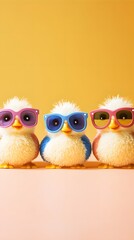Group of duck bird friends in sunglass shade glasses isolated on solid background, isolated background