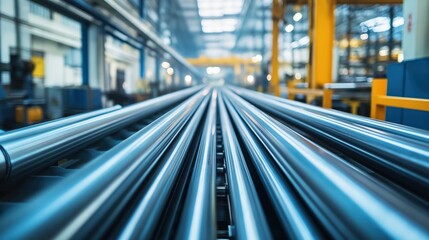 Fototapeta premium Metallurgy, pipe manufacturing. Round steel products. Polished pipes. Chrome plated products. Industry and production. For banners, posters, backgrounds