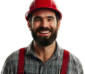 Fototapeta premium Man wearing construction helmet, happy worker job portrait isolated, smiling middle aged professional in hardhat, confident engineer with safety gear, cheerful contractor in uniform
