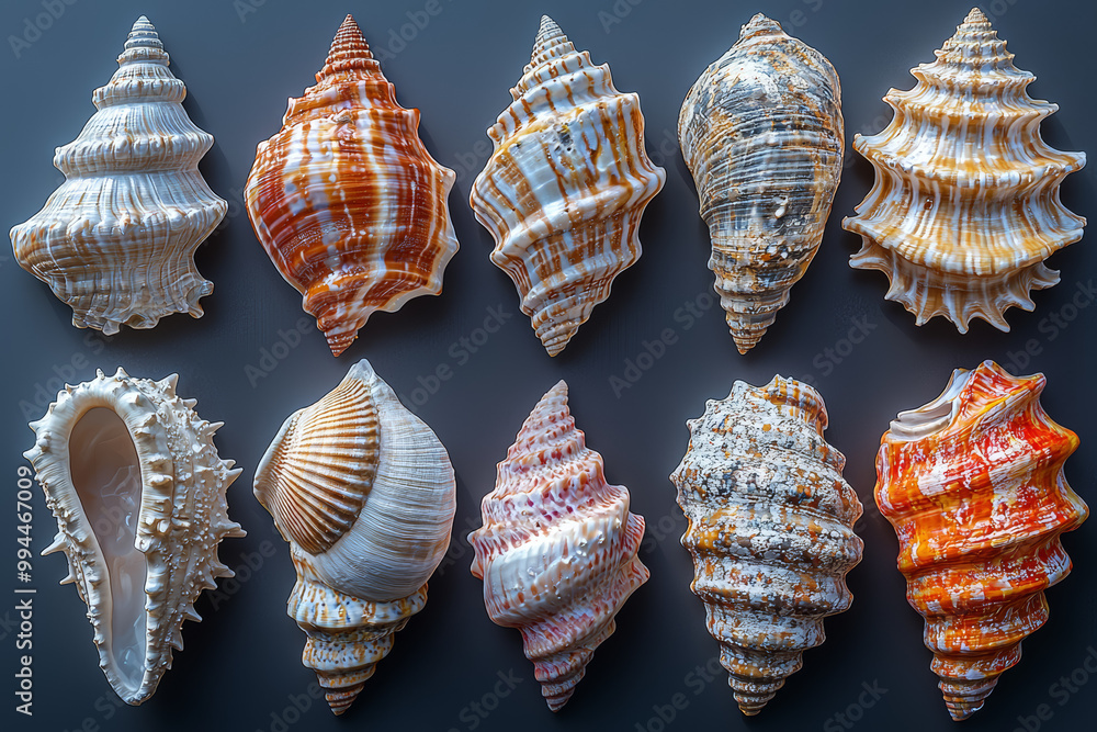Poster a collection of seashells, each weathered differently by the ocean, showing the individual impact of