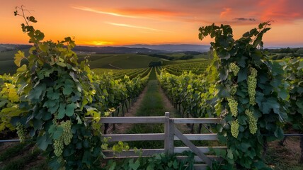 Fototapeta premium Stunning Vineyard Landscape at Sunset: Lush Green Grapevines Stretching Across Rolling Hills, Framed by a Rustic Wooden Gate Under a Colorful Evening Sky