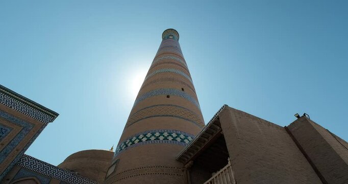 Khiva Islam Khoja Minaret decoration details. Majolica and ganch carving. Khiva sights
