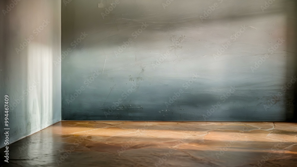 Poster minimalist interior space: sunlight streams through a window, casting soft shadows on a textured wal