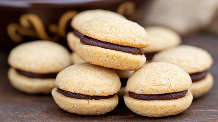 Baci di Dama cookies. Italian Piedmont sandwich biscuit consisting of two hazelnut biscuits joined together by a chocolate filling.