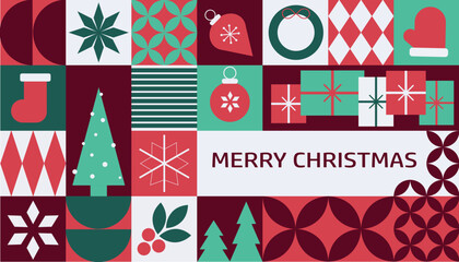Christmas greeting card featuring festive symbols on a geometric background with simple shapes, combining creative modern art and holiday spirit. © Mariana