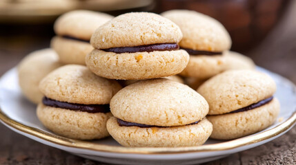 Baci di Dama cookies. Italian Piedmont sandwich biscuit consisting of two hazelnut biscuits joined together by a chocolate filling.