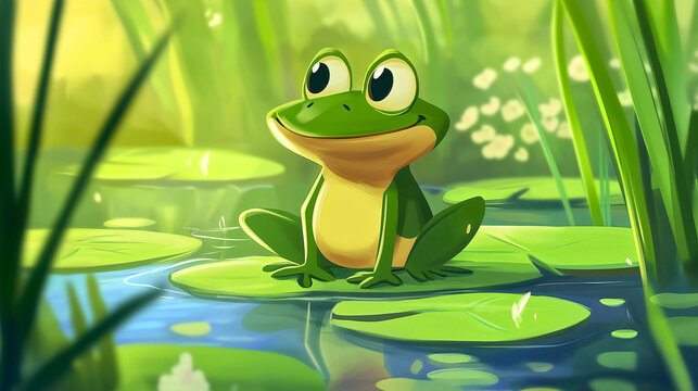Cartoon frog character animal illustration, cute green amphibian design, adorable wildlife baby, funny toad drawing for children, cheerful pond creature artwork with smiling expression