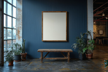 A blank poster frame hanging on a gallery wall, waiting for an artwork or photography display.