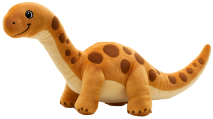 Cute dinosaur plush toy isolated on transparent background, soft and furry stuffed animal doll, adorable creature for children, cuddly brown orange dino figure, playful textile reptile toy