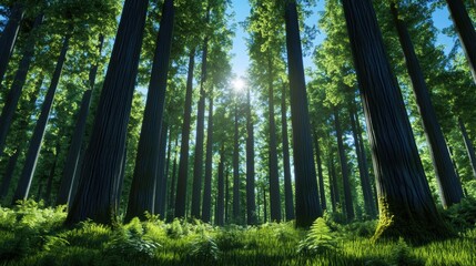 Fototapeta premium Lush Green Forest with Sunlight Filtering Through Trees