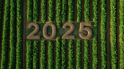 2025 new year concept in agriculture setting, lush green farm field with growth of crops, countryside landscape showcasing harvest potential, rural business planning for upcoming year calendar