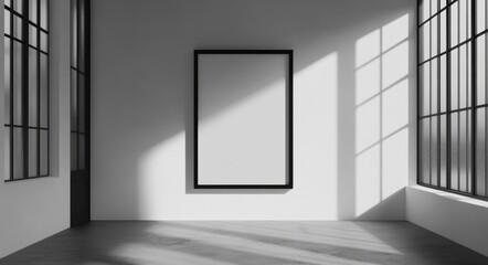 An empty placard with an empty frame in the museum. White paper poster mockup stand, isolated front view, 3D rendering.