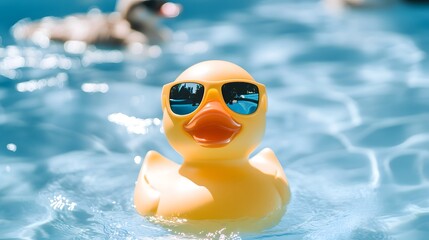 a quacking rubber ducky with sunglasses in a very blue and beautiful pool, summer vibes wallpaper