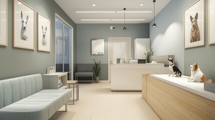 A minimalist vet office with simple, streamlined furnishings, clean lines, and a soothing color palette designed to calm pets and their owners