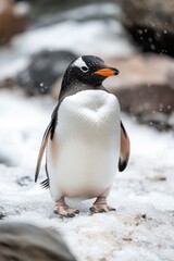 Fototapeta premium Gentoo penguin standing on snowy landscape with fellow penguins in the background during daylight