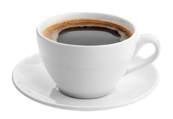 Classic cup of black coffee in a white ceramic mug, isolated on transparent cutout background