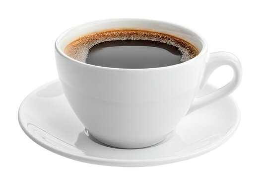 Classic cup of black coffee in a white ceramic mug, isolated on transparent cutout background
