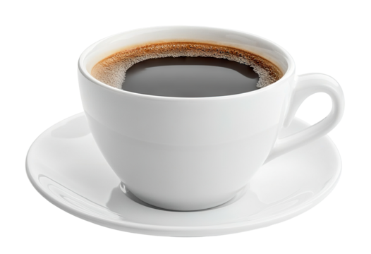 Classic cup of black coffee in a white ceramic mug, isolated on transparent cutout background
