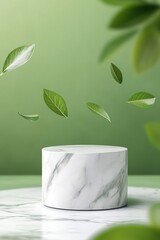 Green leaves floating above a marble pedestal against a soft gradient background
