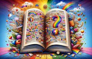 Fototapeta premium Exploding book of queerness, gay agenda, gay dictionary, LGBTQ+ dictionary