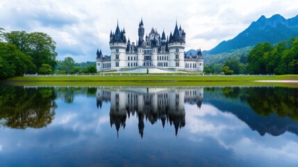 Obraz premium Majestic Castle Reflection in Serene Lake Landscape