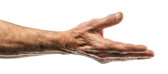 Extended hand of an elderly man in a gesturing pose, isolated on transparent cutout background