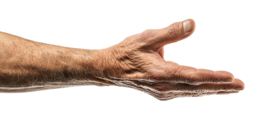 Extended hand of an elderly man in a gesturing pose, isolated on transparent cutout background