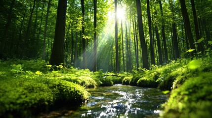 Obraz premium Sunlight Streaming Through Lush Green Forest