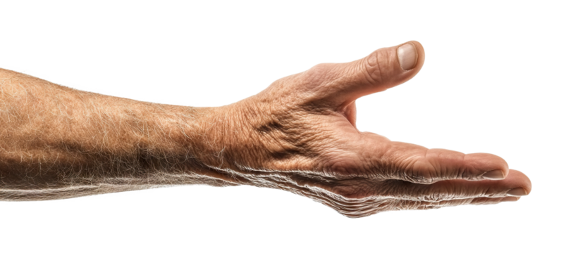 Extended hand of an elderly man in a gesturing pose, isolated on transparent cutout background