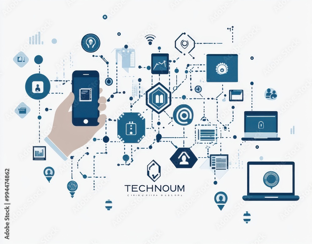 Poster hand holding a smartphone with digital technology icons representing connectivity and innovation in 