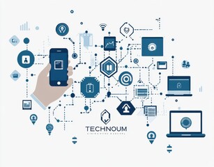 Hand holding a smartphone with digital technology icons representing connectivity and innovation in a modern networked environment