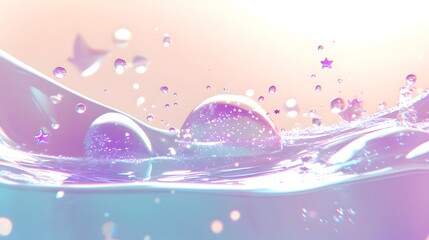 Dreamy pastel underwater scene with bubbles and glittery star and moon stickers, soft pink, lavender, and sky blue tones.