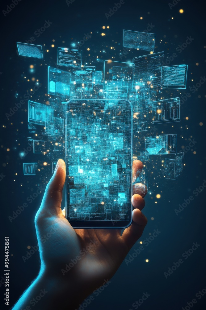 Poster hand holding smartphone displaying futuristic holographic interface with digital data and glowing ne