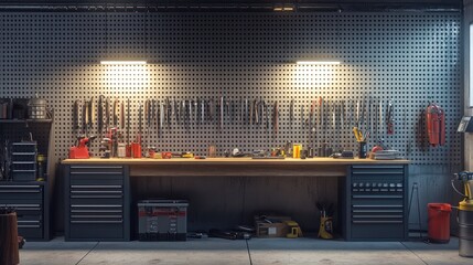 A minimalist workshop with organized tool racks, a sturdy workbench, and bright task lighting The space is functional with a focus on efficiency and a clutter-free environment