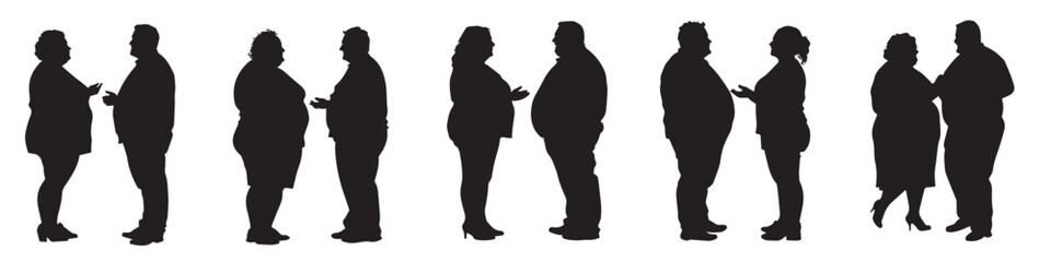 Over weight couples standing position, over weight lady, over weight man , silhouettes isolated on white background