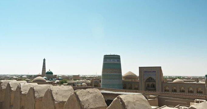 Khiva old town view. Itchan kala, Muhammad Aminkhan Madrasah, Kalta Minor Minaret, Islam Khoja Minaret, Konya Ark, Alla Kouli Khan Madrasah. City attractions