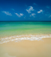 Fototapeta premium Horizon beautiful landscape summer season vertical front view point tropical sea beach white sand clean blue sky background calm nature ocean wave water travel holiday at samae san island sun day time