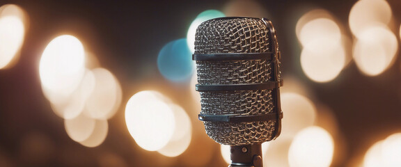 Close up of microphone against background of lots of lights at music festival